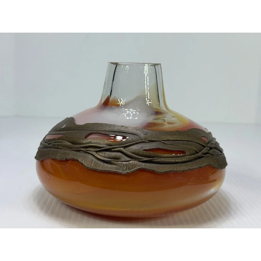 Hand Blown Art Glass Vase Decorative Copper Coated Metal Ring Embedded Orange
